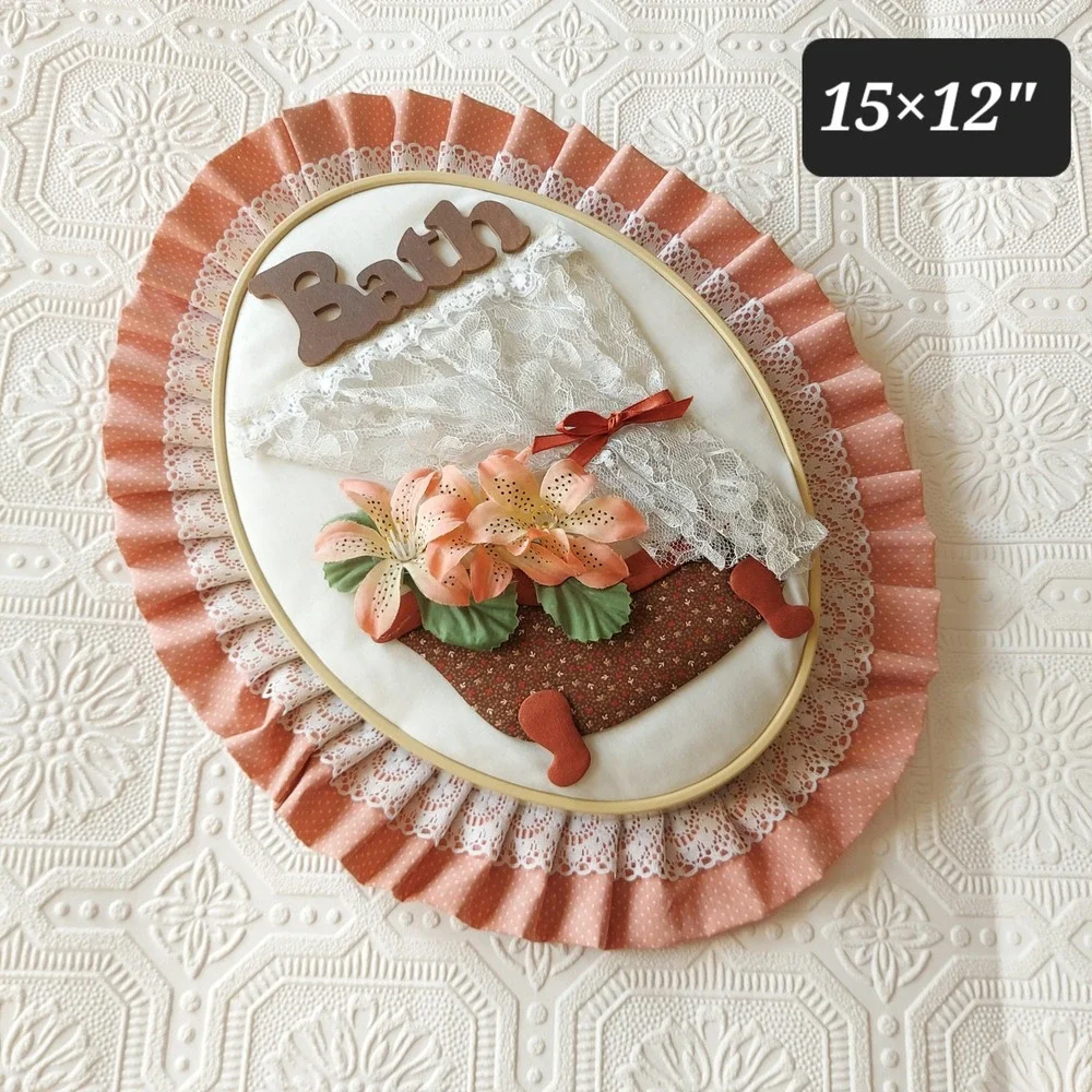 Vintage Style 3D Fabric Bath Wall Decor Lace Ruffle Clawfoot Tub Art 15x12